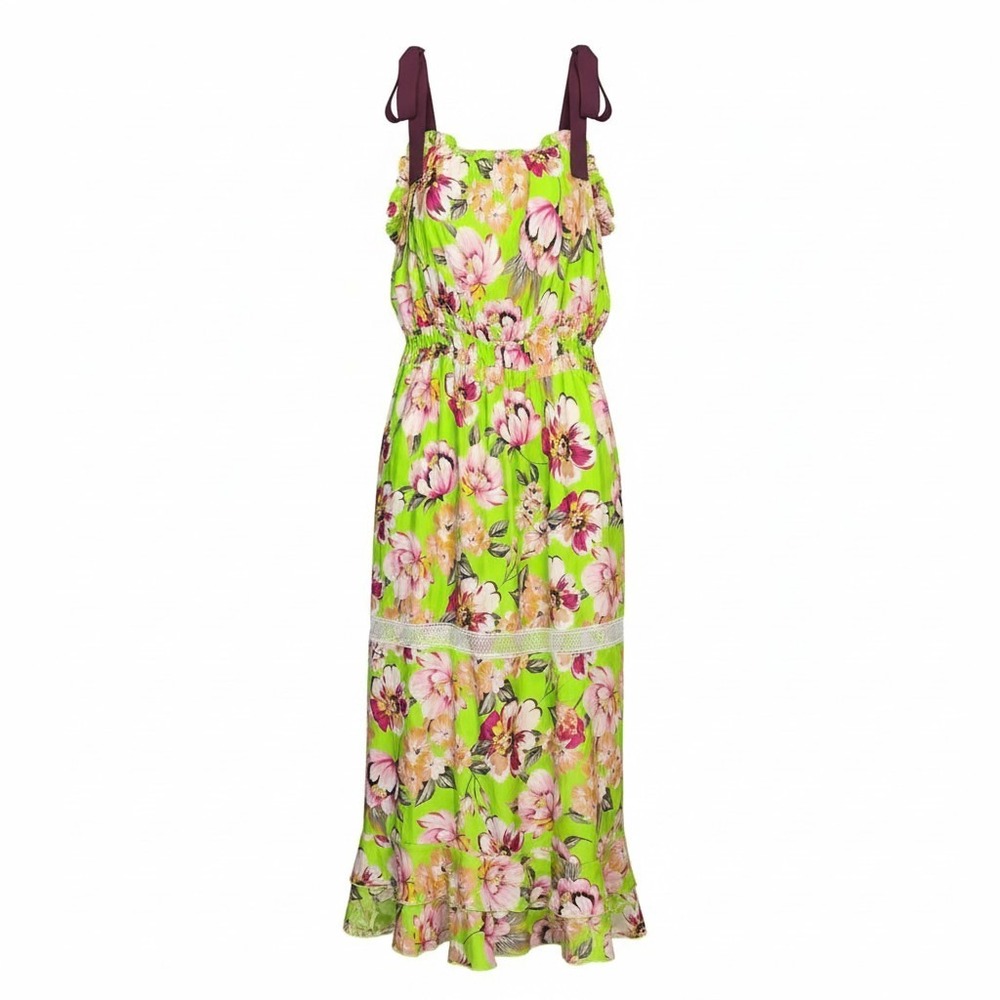 By Egreis Lime Green Floral Maxi Dress Tie Strap Ruffle Lace Hem Boho Summer XL